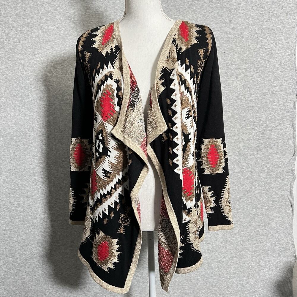 Boston Proper Cardigan Womens Extra Small Red Gold Oversized Sweater Aztec Boho